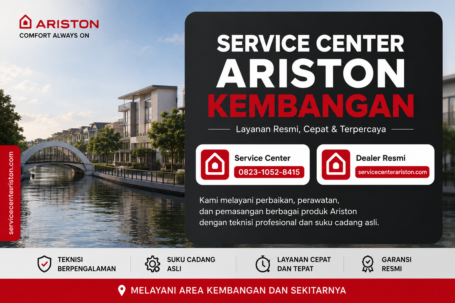 Service Center Ariston Kembangan menyediakan layanan perbaikan, pemasangan, perawatan, dan penggantian spare part produk Ariston. Hubungi 0823-1052-8415.